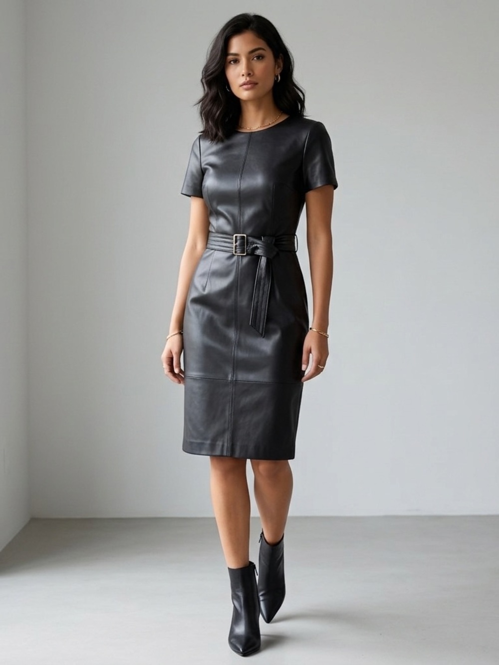 Calvin Klein Faux Leather Sheath Dress Belted Short Sleeve Black Size 6